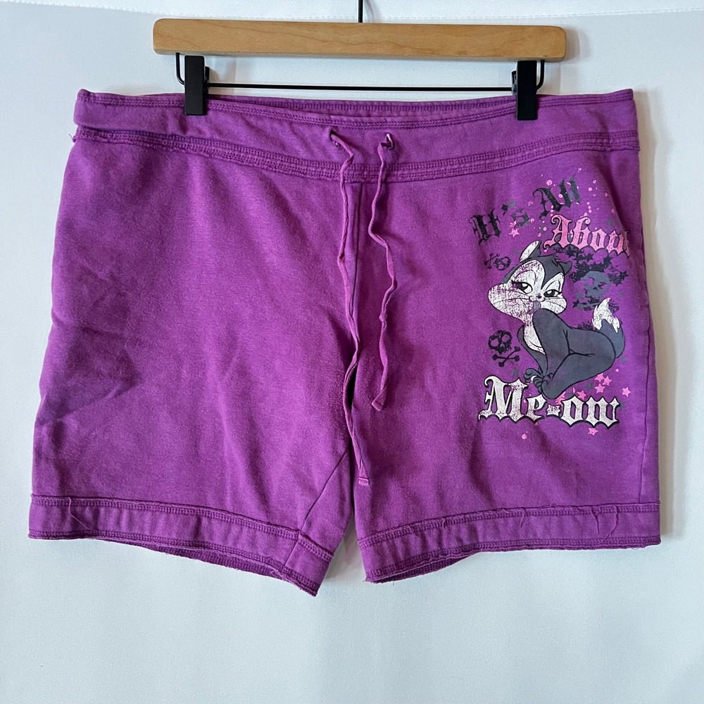 Y2K Looney Tunes Purple Graphic Sweat Shorts It's All About Me-ow Junior L 11/13